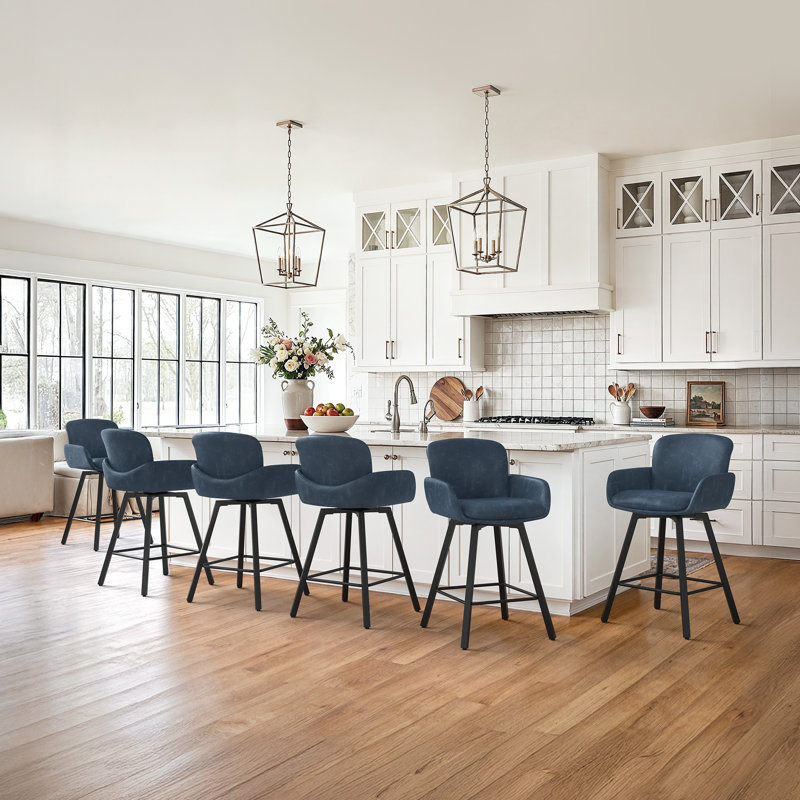 Nicola Dynasty Luxury Counter Swivel Bar Stools, Blue/Faux Leather, 6