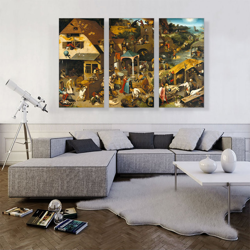 «Dutch Proverbs 1559» par Peter Bruegel l'Ancien, ensemble de 3 reproductions d'art sur toile tendue