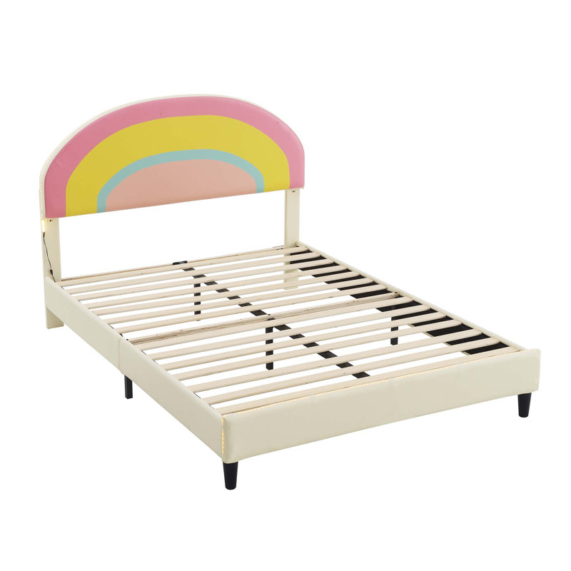 Full Size Upholstered Platform Bed With Rainbow Shaped And Height-Adjustbale Headboard,LED Light Strips