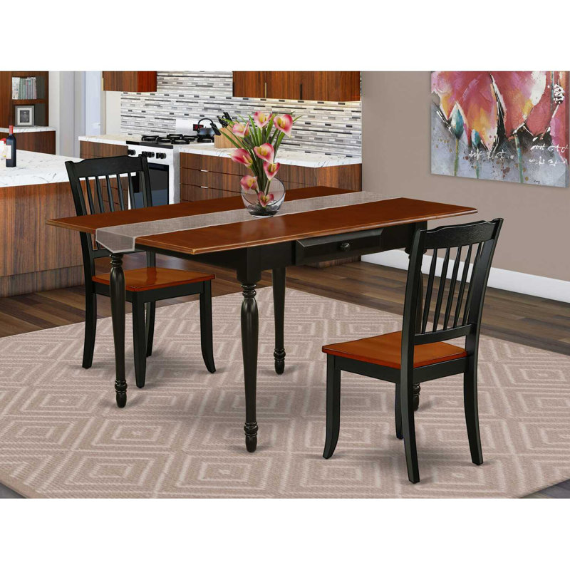 Ensemble de coin repas 3 pièces pour petits espaces comprenant une table de salle à manger rectangulaire avec Dropleaf et 2 chaises de cuisine, noir et cerise