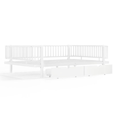 Lit plateforme avec tiroirs de rangement, structure de lit de jour en métal avec conception de tuyau rond de sécurité améliorée, conception à profil bas, blanc