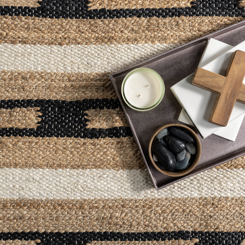 Handmade Black and Beige Striped Jute Rectangular Area Rug, 10' x 14'