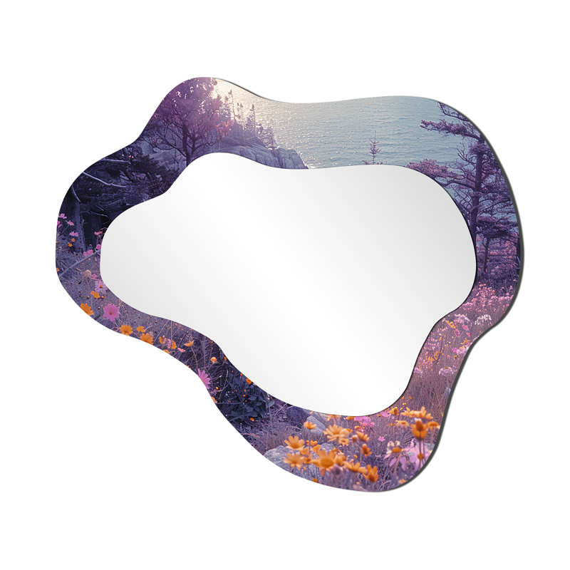 Fleurs mauves, chemin de montagne vers l'océan, couleurs rétro - grand miroir asymétrique côtier, miroir mural décoratif de forme unique mauve, impression d'art en métal