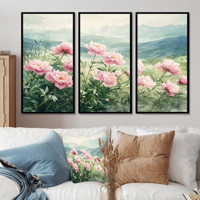 Pivoines dans les hautes prés II - pivoines, art mural sur toile - 3 panneaux
