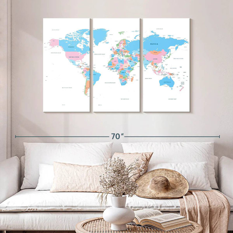 Carte du monde des pays pastel, H 14 po x l 23 po
