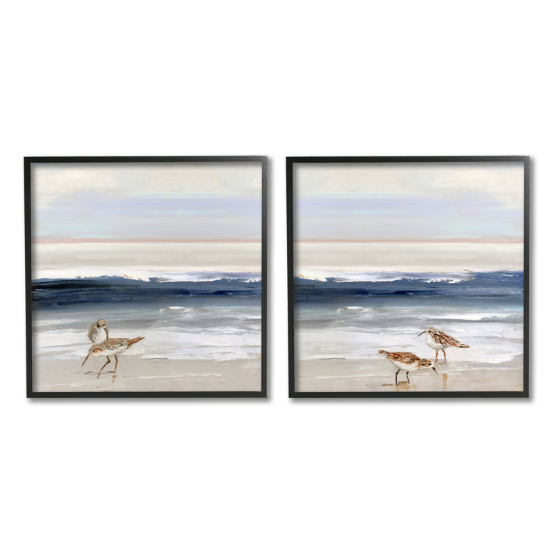 «Birds on Beach Shore Ocean Waves Blue Sky Landscape» par Sally Swatland - ensemble de 2 peintures
