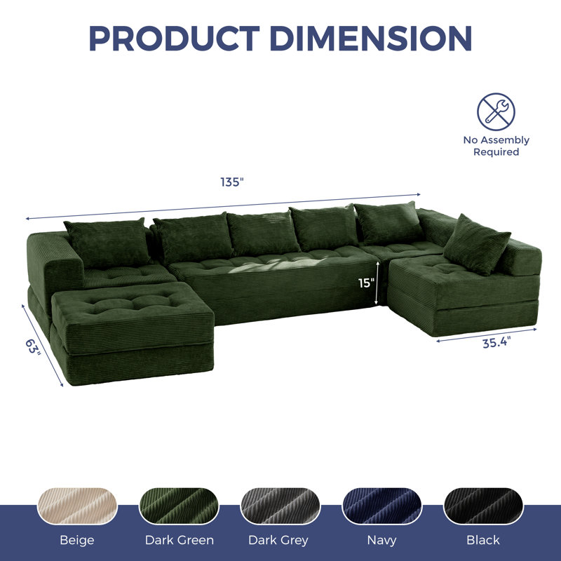 Boneless U Shaped Modular Sectional Sofa Couch, 15" H x 135" W x 63" D, Green Corduroy