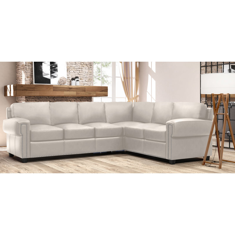 Fardin Upholstered L-Shaped Sectional, White Genuine Leather, Left Facing