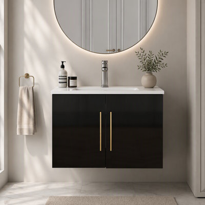 Meuble-lavabo mural simple de 76 cm (30 po) avec lavabo en céramique, meuble-lavabo suspendu moderne avec portes doubles à fermeture douce et poignée dorée
