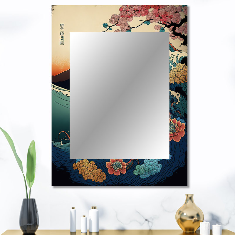 Paysage japonais avec Lezard - miroir mural décoratif japonais, miroir traditionnel, impression d'art en métal, 40 po x 30 po