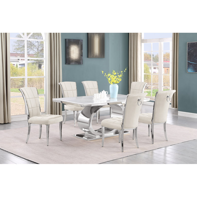 Bannister Marble Top Pedestal Dining Set, 7, Cream/Silver, Silver