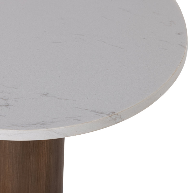 Table ronde rustique à piédestal rustique avec plateau en marbre pour petits espaces, salon, blanc et brun
