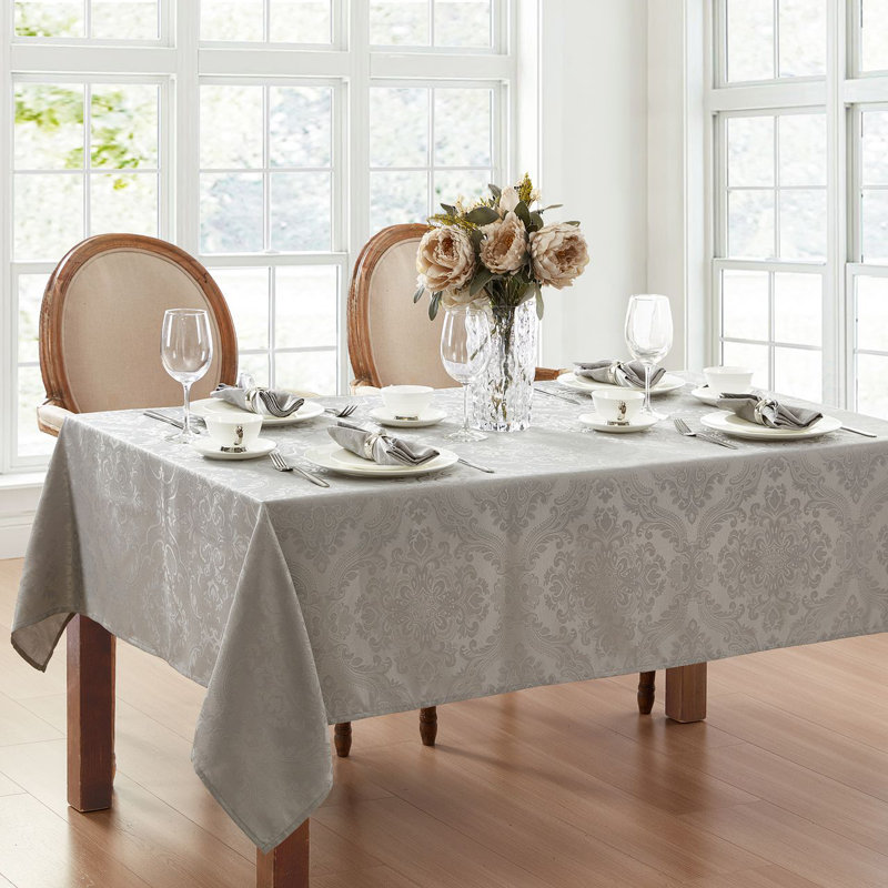 Corson Woven Damask Jacquard Polyester Tablecloth, Silver, 84" L x 60" W Rectangle