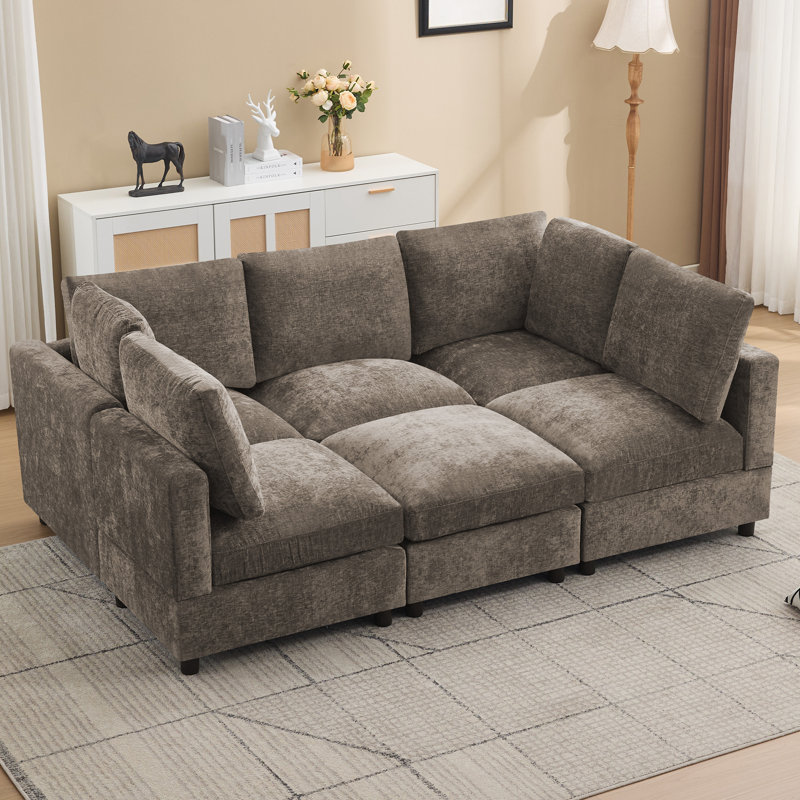 Canapé-lit modulaire 6 pièces avec repose-pieds modulaire convertible, H 36,2 po x l 89,5 po x P 58 po, Brun