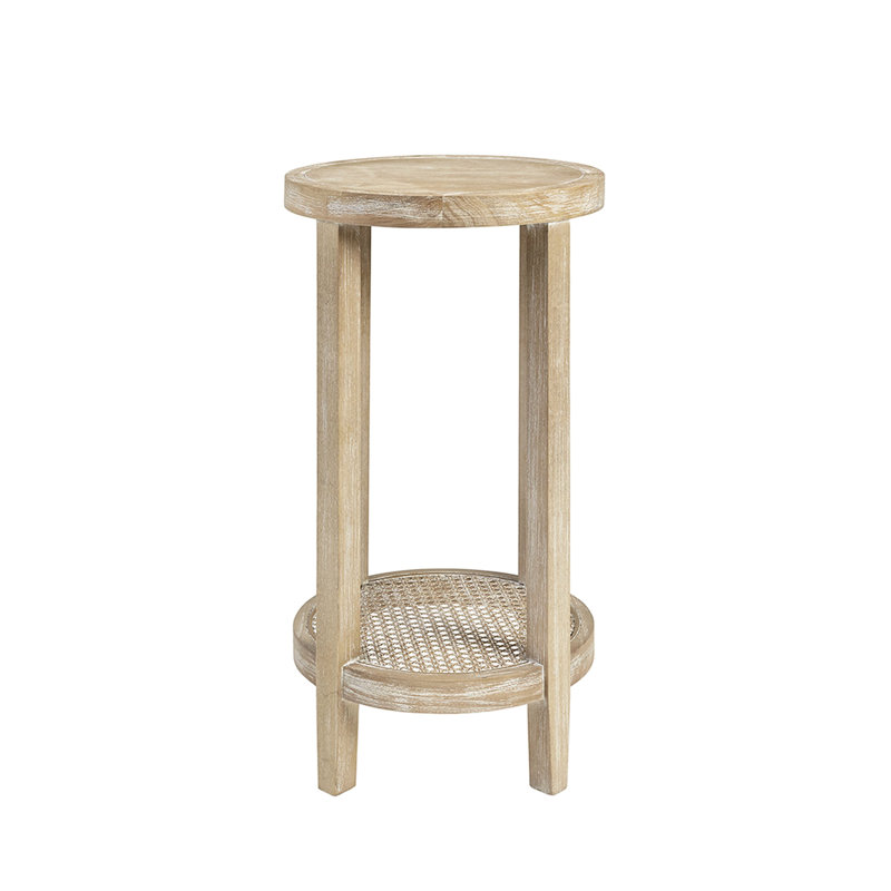 Table d'appoint ronde de 15 po de diamètre et de 28 po de hauteur, plateau en placage de frêne, pieds en bois massif au fini blé récupéré, tablette inférieure en canne pour le décor du salon, pieds à assembler requis, rangement