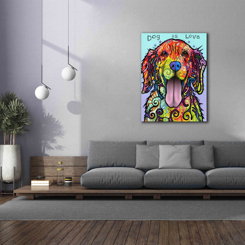 «Dog Is Love» par Dean Russo, estampe numérique sur toile, H 54 po x l 40 po x P 1,5 po