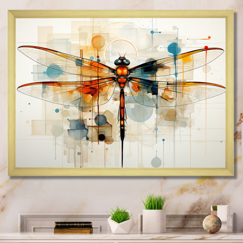 Libellule en teck vol éthéré géométrique - Libellule, art mural, H 12 po x l 20 po x P 1 po, Cadre doré simple