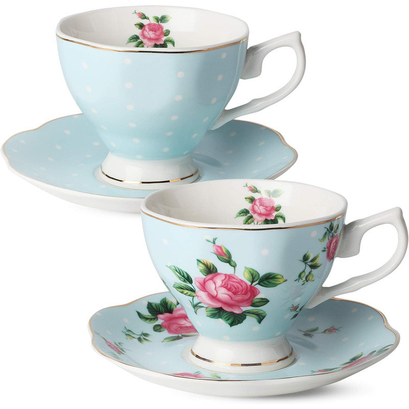Floral Blue Porcelain Tea Set with Cups and Saucers