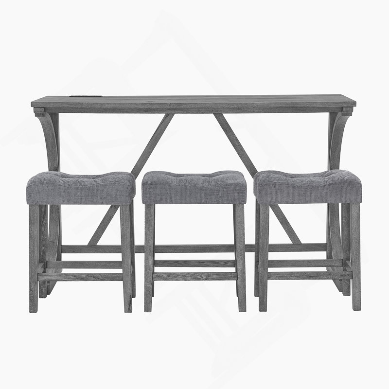 4-Piece Table And Chair Set, Narrow Dining Table With Power Outlet, 3 Upholstered Stools, Gray, Gray