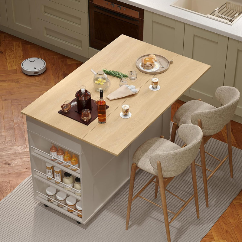 Kitchen Island with Power Outlet & LED Lights - Bakers Rack with Storage, White