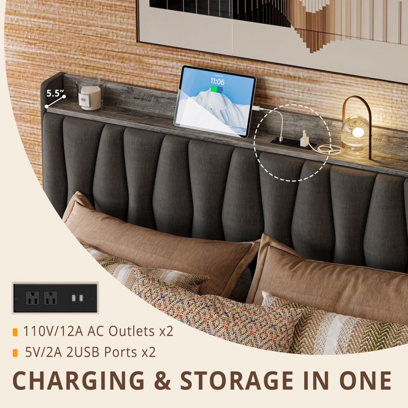 King Gray Linen Upholstered Bed Frame with Storage Drawers