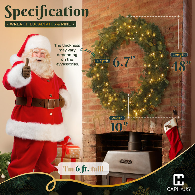 CAPHAUS Lighted Artificial Christmas Wreath, with LED Lights, Eucalyptus and Pine, Multiple Sizes, 48" H x 10" W x 6.7" D