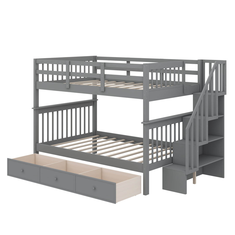 Full-Over-Full Bunk Bed For Bedroom, Equipped With Drawer, Storage Area, And Guard Rail On Stairway, Gray