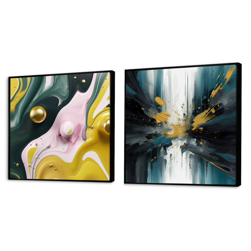Ensemble de 2 collages carrés en marbre jaune et vert, Cadre flottant noir, H 16 po x l 33 po
