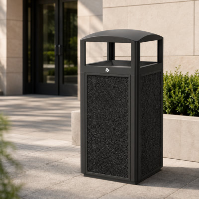 Commercial Outdoor Trash Can with Flat Top, 13.5 Gallon Locking Waste Receptacle with Stone Panels and Removable Metal Liner