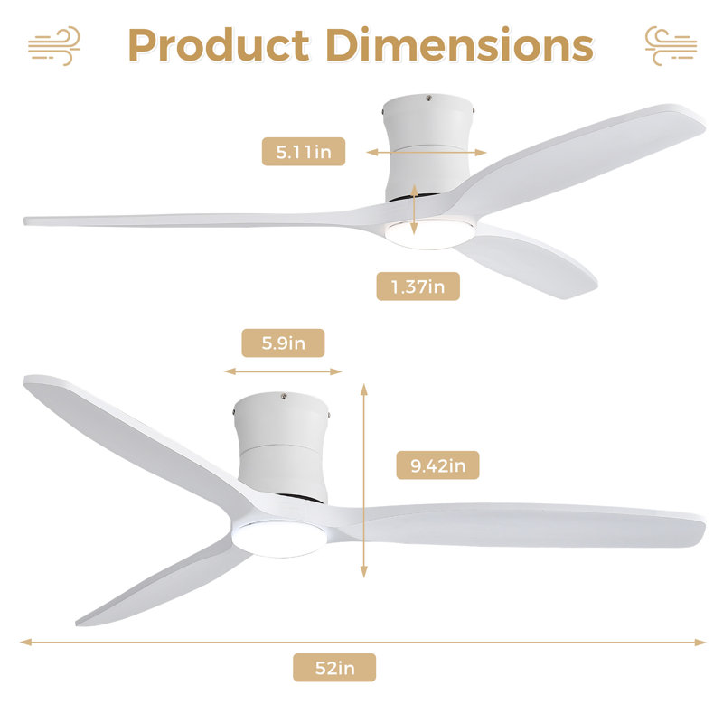Ventilateur de plafond de 52 pouces avec lumière, à intensité variable, moteur réversible à courant continu, 3 pales en bois massif, idéal pour les chambres à coucher et les salons