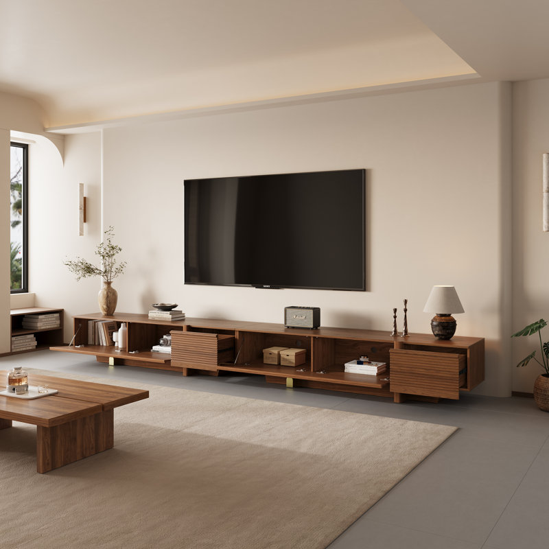 71" Mid-Century Modern TV Stand, Brown Wood Media Console for Living Room with Cable Management, 16.93”H x 141.74”L x 17.72”W