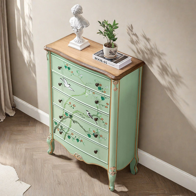 Commode décorative 5 tiroirs peinte en bois vert clair
