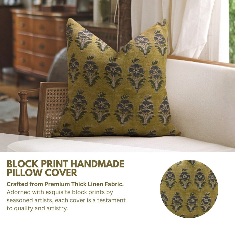 Linen Lumbar Pillow Cover, Green Floral 2, 20"H x 20"W, Square