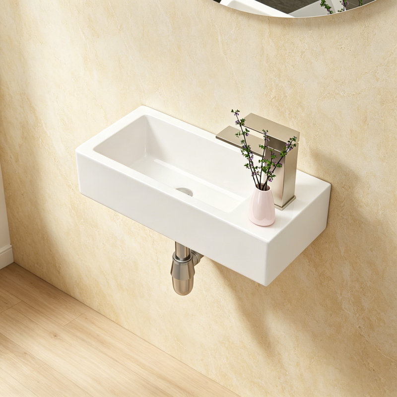 Lavabo de salle de bain mural rectangulaire en céramique avec trou de robinet simple