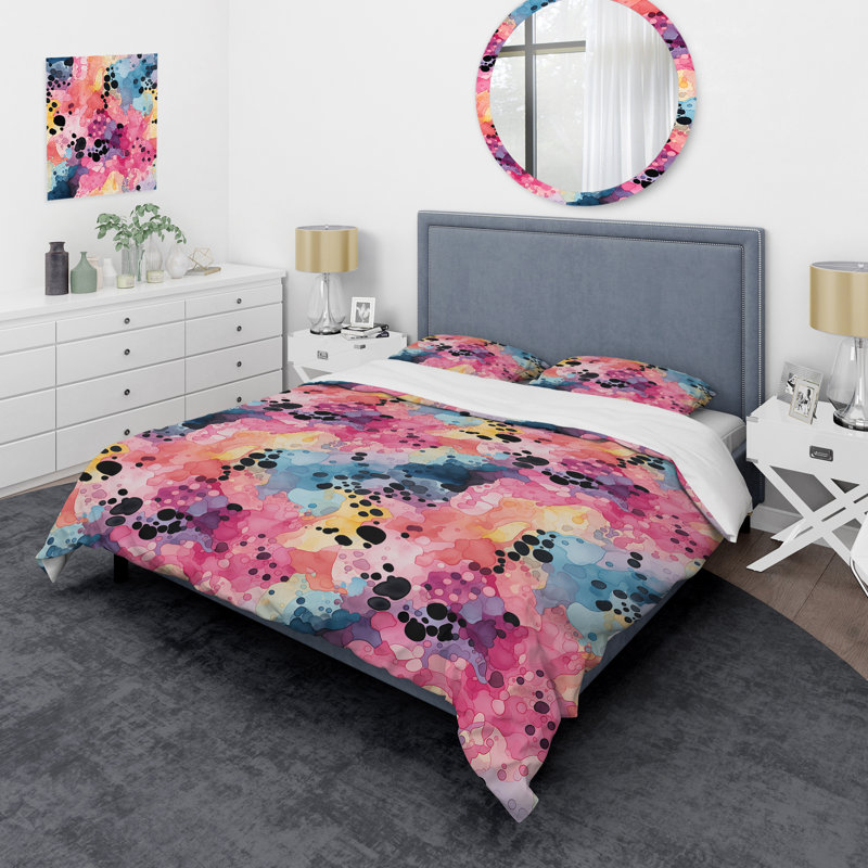 Ensemble de housse de couette aquarelle excentricité rose et bleu, Housse de couette pour grand lit et 2 taies décor
