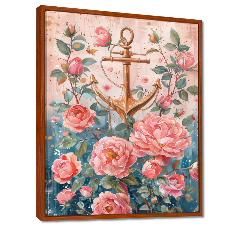 Rose, vert, bord de mer rétro, ancre roses II - art mural bord de mer, Toile avec cadre flottant brun