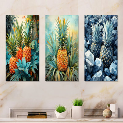 Ananas vert et bleu, paradis tropical I - fruits, ensemble de 3 reproductions d'art mural