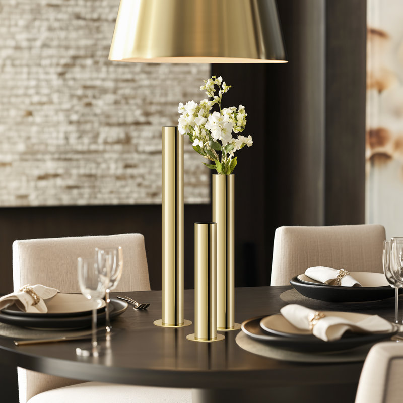  Hatcher Set of 3 Handmade Gold Stainless Steel Cylinder Vases (10", 14", 18"), Gold