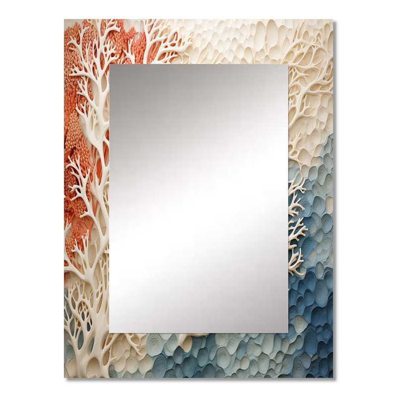 Collage de corail rose et blanc I - miroir de coraux, miroir mural crème unique, impression d'art en métal, 32 po x 24 po