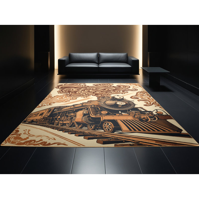 Machine Washable Mendon Steam Locomotive Train Vintage Vintage Look Rug in Black – LightBrown Binding, 5x8