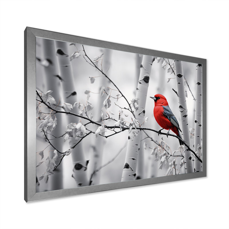 Martinella, oiseau rouge-gris en forêt II - impression, H 16 po x l 32 po x P 1 po, Cadre simple argenté