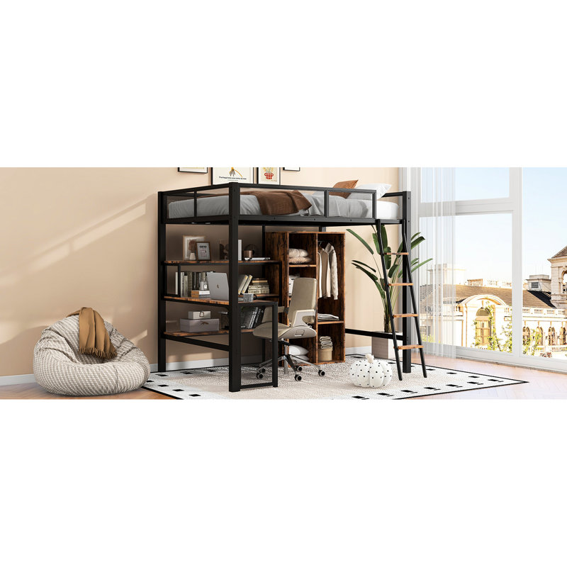 Lit mezzanine double en métal noir avec bureau d'étude et tablette intégrés - construction stable pour un espace de rangement confortable
