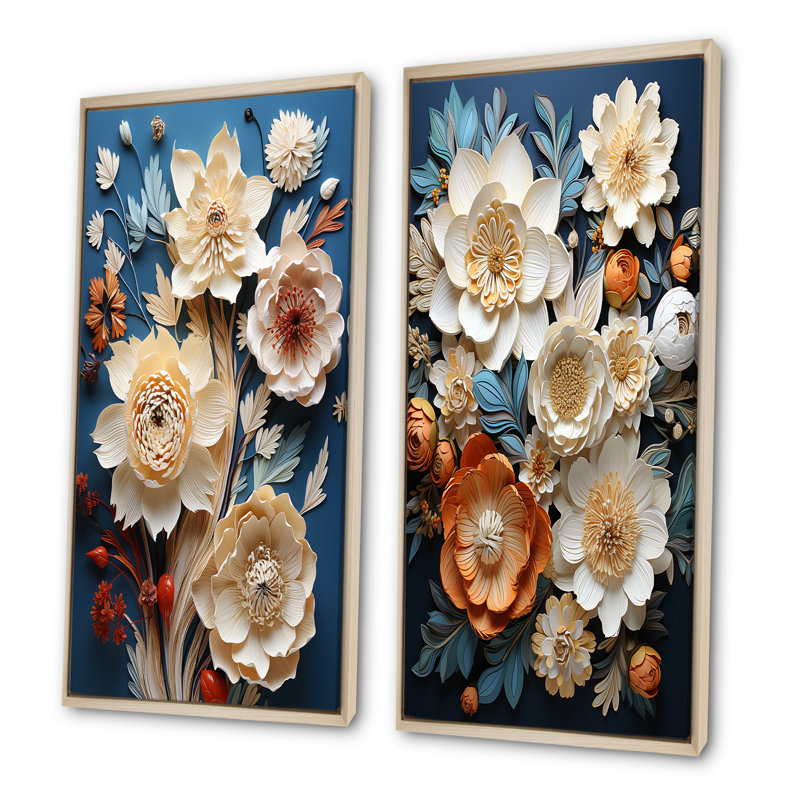 Jardin zen beige et bleu - Ensemble de 2 impressions sur toile de plantes, Encadrement brun, H 40 po x l 41 po