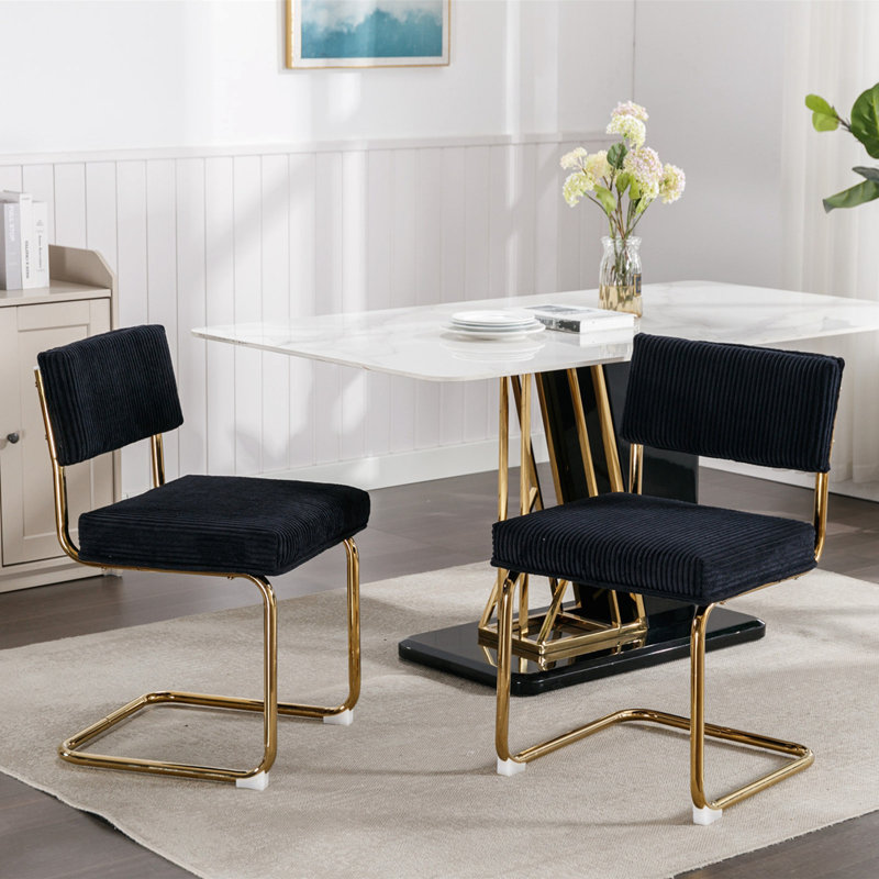 Corabella Modern Dining Chairs with Corduroy Fabric,Gold Metal Base, Accent Armless Kitchen Chairs with Channel Tufting, Side Chairs, Set of 2