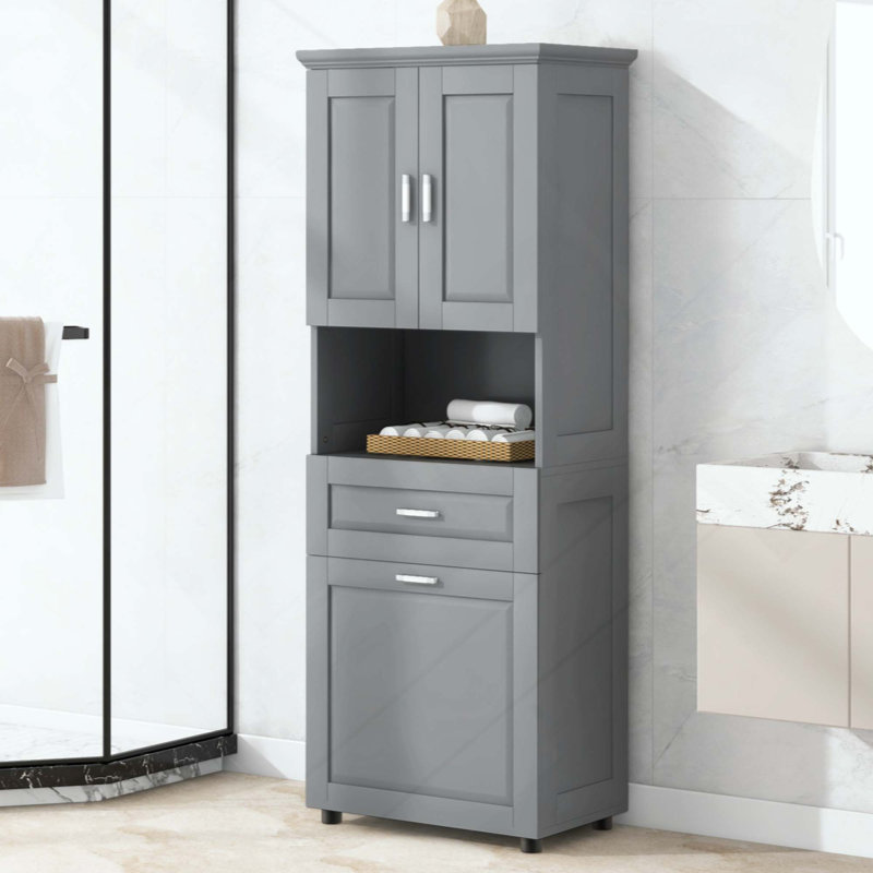 Grande armoire de salle de bain avec panier à linge, grand panier à linge inclinable et armoire de rangement supérieure, Gris