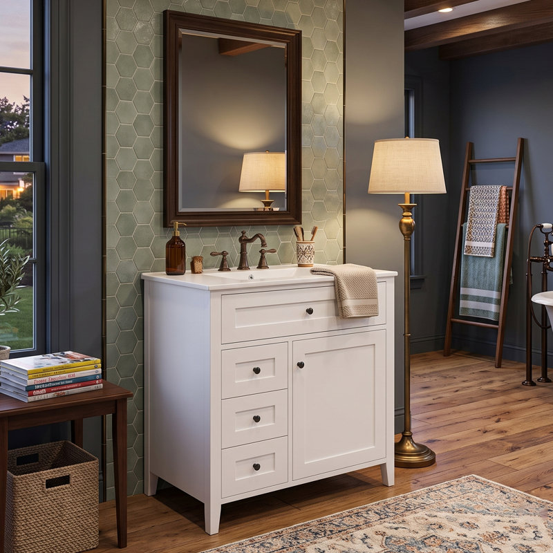 Armoire moderne 30 po en bois d'hévéa noir et blanc avec gris et bleu gris avec 4 tiroirs et 1 porte de rangement, Blanc