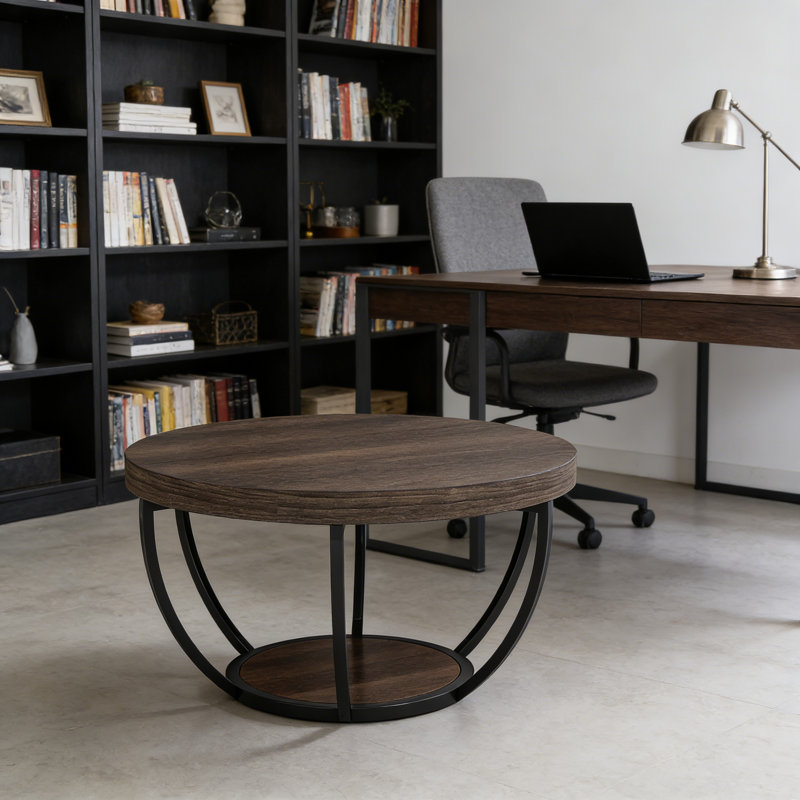 Nordic Style Dark Round Coffee Table With Curved Metal Legs, Dark Brown