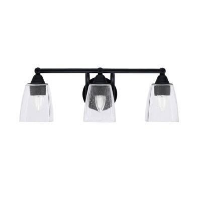 Paramount 3 Light Bath Bar Shown In Matte Black Finish With 4.5” Square Clear Bubble Glass