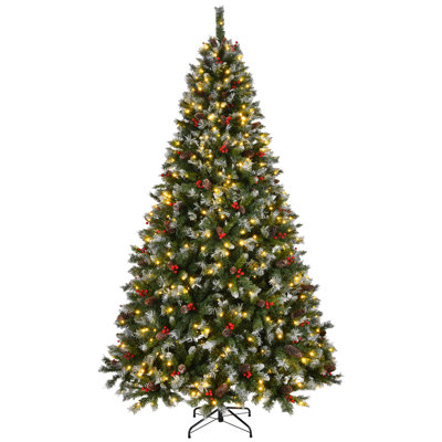 Pre-lit Frosted Green Artificial Christmas Tree with Pine Cones, Berries, and Metal Stand