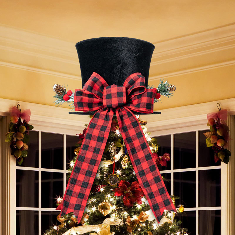 Christmas Tree Topper - Large Black Tree Topper With Buffalo Plaid Bow Ribbon Ornament